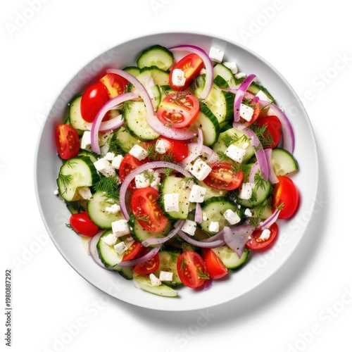 Salad with onions and tomatoes with cucumbers and feta cheese vegetable plate food.