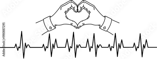Heart Sign Made with Hands Above Electrocardiogram EKG Heartbeat Line Minimalist Black and White Vector Illustration for Medical Concept Design