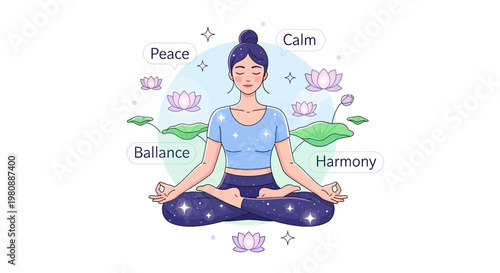 Peaceful woman meditating in lotus yoga pose illustration.
