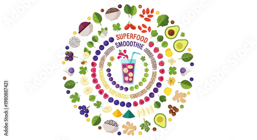 Colorful superfood smoothie ingredients arranged in circle.