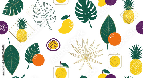 Tropical fruit and leaf seamless vector pattern.