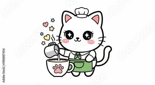 Kawaii barista cat pouring latte art.