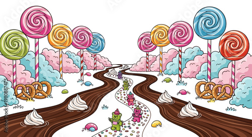 Whimsical colorful lollipop illustration with candy swirls.