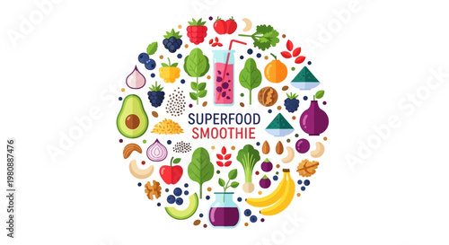 Colorful superfood smoothie ingredients with blender illustration.