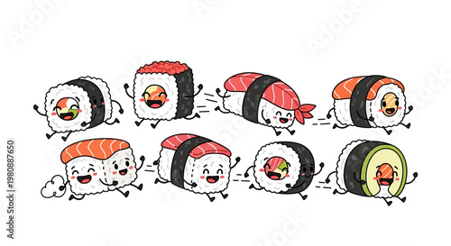 Cute running sushi cartoon characters set.