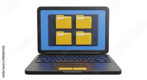 Vector illustration of 3d illustration of a laptop computer with four yellow folders on the screen on a transparent background