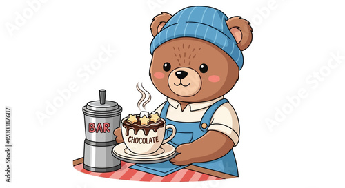 Cute teddy bear barista with hot chocolate mug.