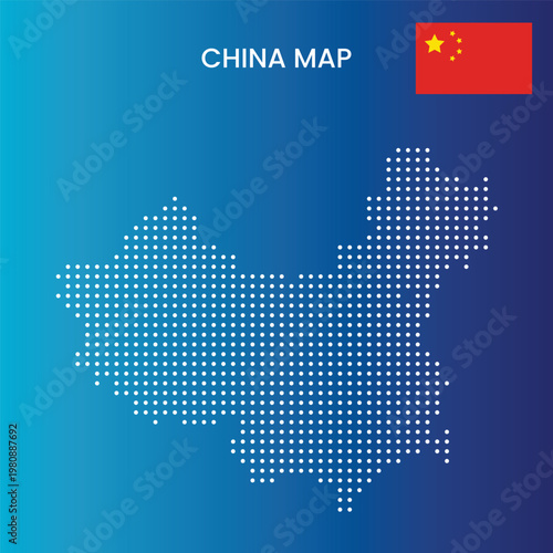 A digital illustration of China map with dots and flag on blue background