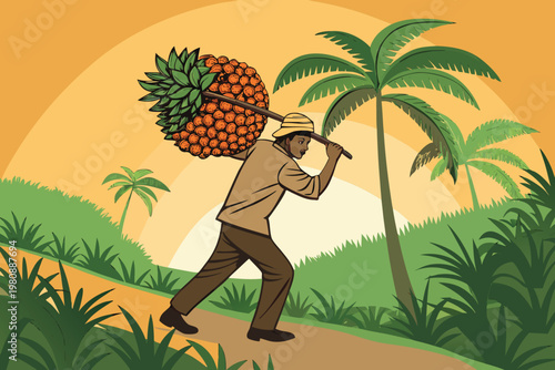 Carrying Palm Fruit Bunches Scene Vector Illustra