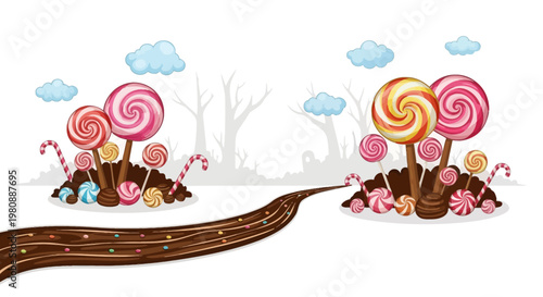 Whimsical lollipop trees and chocolate candy pathway.