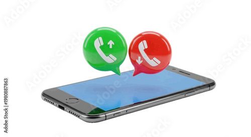 Vector illustration of 3d smartphone with green outgoing and red incoming call icons on a transparent background
