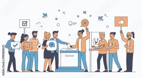 Diverse group of people interacting with a large computer and social media icons