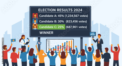 Election results 2024 people cheering and celebrating with big screen displaying winner