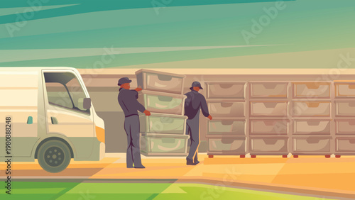 Catering Delivery Loading Scene Vector Illustrati