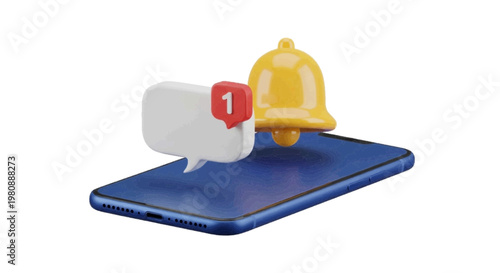 Vector illustration of 3d render of a smartphone with a notification bell and message bubble on a transparent background