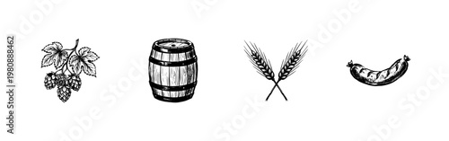 Beer Brewing Ingredients and Pub Food Elements with Hand-Drawn Inky Doodle and Organic Calligraphic Lines