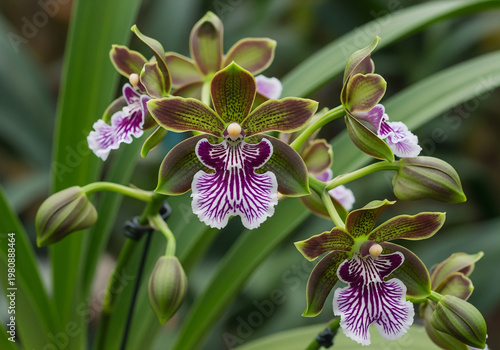 Close-up Captivating Brown Green and Purple Orchid Blossoms Flowers Natural Beauty