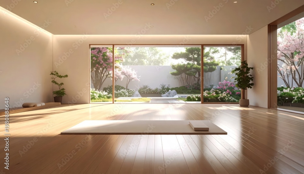 Fototapeta premium Serene Yoga Studio with Garden View and Natural Light.