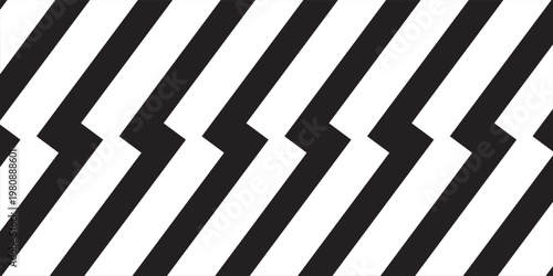 Black and white zigzag lines wallpaper. Thunderbolt background. Electric power, flash light, jagged stripes banner. Superhero, boom, speed or shock anime cartoon print. Vector graphic illustration.