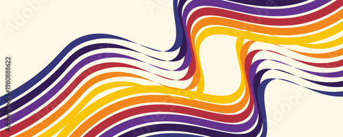 Abstract colorful 70s background vector. Vintage retro wallpaper with rainbow stripes and wavy lines. A 1970 color illustration suitable for posters, banners, decorative items and wall art.