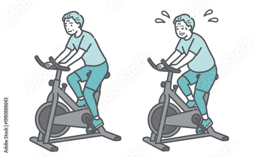 フィットネスバイクを漕ぐ標準体型とぽっちゃり体型のシニア男性の比較セットイラスト