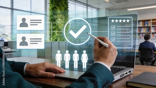 Businessman Using Laptop With Holographic Interface Showing HR Management Recruitment And Employee Evaluation In Modern Office Digital Transformation Hiring Process And Staff