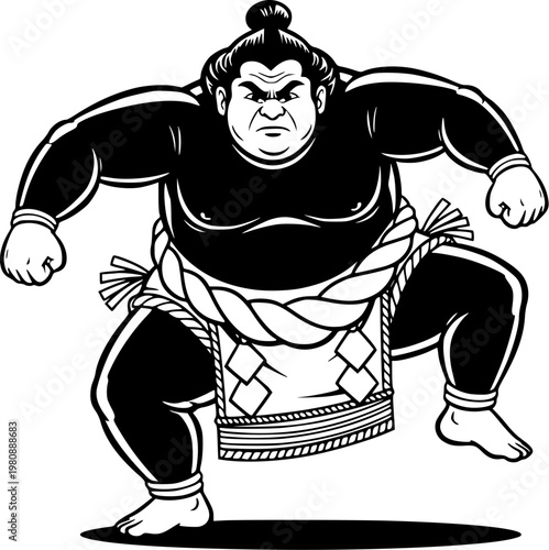 Sumo Wrestling Illustration in Black and White Style, Traditional Japanese Martial Art Fighter in Powerful Stance for Culture, Sport, Competition and Character Design