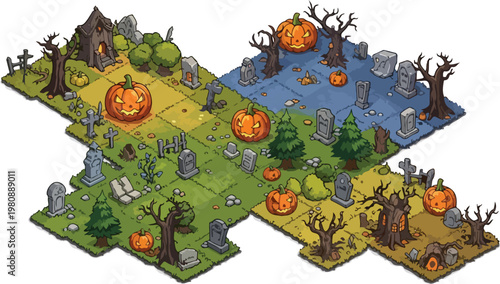 Isometric Halloween graveyard game tiles, spooky cemetery landscape with jack-o-lantern pumpkins and tombstones, creepy graveyard map assets for mobile gaming and level design