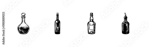 Wine Bottles and Glassware Beverage Containers with Hand-Drawn Inky Doodle and Sketchy Fluid Strokes