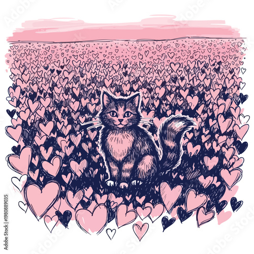 Adorable Cat Sitting in a Heart Shaped Garden of Love with Soft Pink and Purple Tones