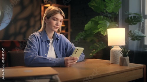 Cheerful female freelancer browsing dating profile on phone and liking a potential match in cozy room