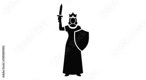 A regal queen stands with sword and shield a striking black silhouette