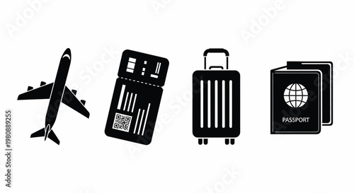 Travel Airplane Boarding Pass Suitcase Passport Tourism Silhouette Vector Icons
