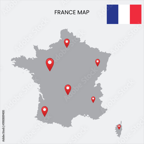 A gray map of France with red location markers and the French flag in the corner