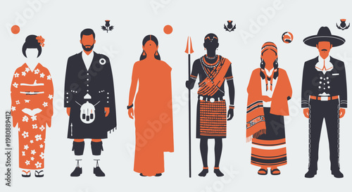 Diverse People in Traditional Cultural Costumes
