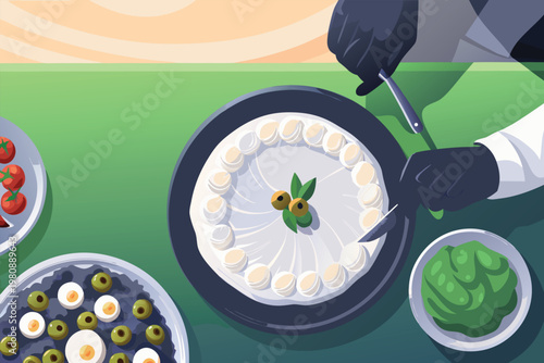 Chef Preparing Mezze Platter Scene Vector Illustr