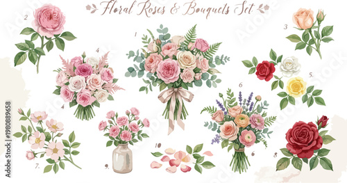 Watercolor floral roses and bouquets set, elegant pink and red flower arrangements with green leaves, romantic botanical vector collection for wedding invitations and decor