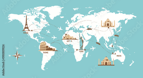 World Map with Travel Landmarks and Icons