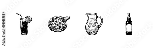 Italian Cuisine and Refreshing Beverages Food Set with Hand-Drawn Inky Doodle and Organic Sketchy Strokes