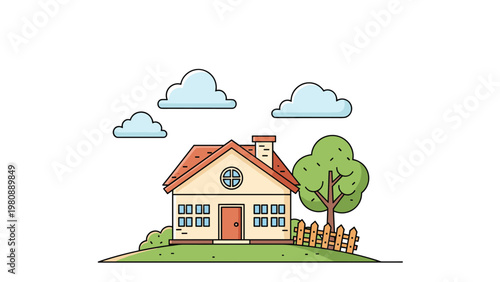 Charming small house illustration with a red roof, chimney, wooden fence, and a green tree situated on a hill under a clear cloudy sky.