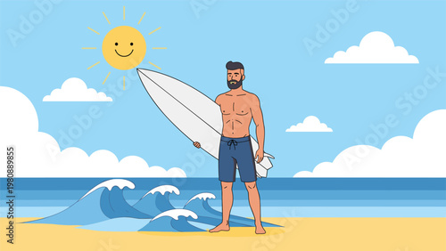 Bearded surfer standing on a sandy beach holding his surfboard under a happy sun with ocean waves crashing in the blue background scenery.