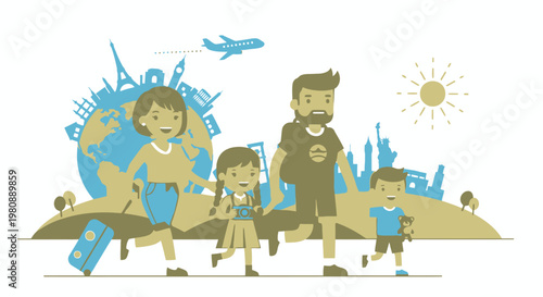Family on vacation travel concept with globe and city skyline