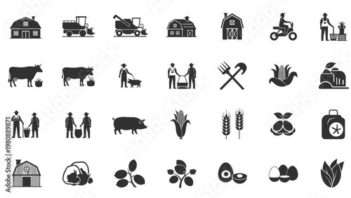 Extensive collection of black and white agriculture icons depicting farming equipment, livestock, various crops, and rural barn buildings.
