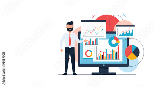 Professional businessman presenting comprehensive data analytics and performance metrics on a large computer monitor screen.