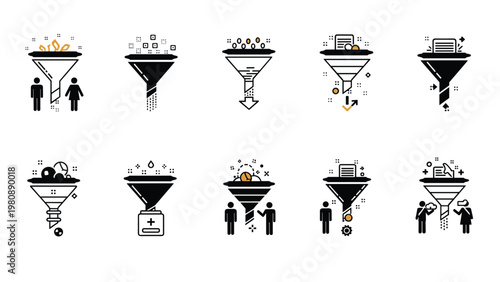 Set of funnel icons illustrating various stages of business data processing, lead generation, and customer filtering.