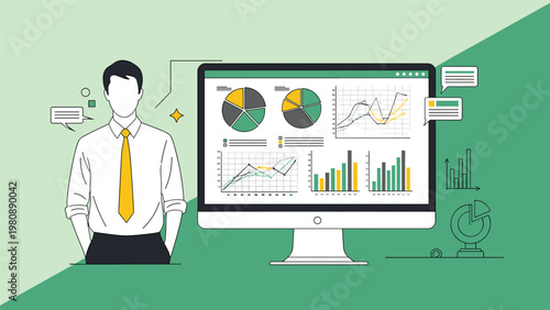 Analytical professional standing beside a computer monitor displaying intricate financial charts, bar graphs, and pie diagrams.