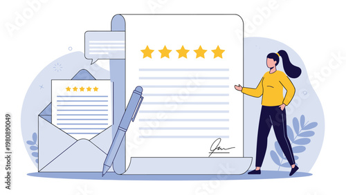 Businesswoman standing next to a large evaluation document featuring a five star rating, signature, and positive feedback.