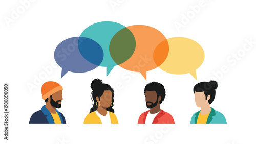 Diverse group of people engaged in conversation with colorful overlapping speech bubbles representing social interaction.