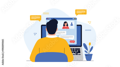 Back view of a person using a laptop to engage in a virtual video call with a female colleague, friend, or business partner.