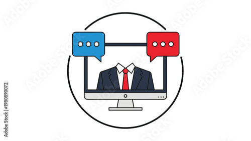 Computer monitor displaying a professional suit icon with red and blue speech bubbles representing digital communication.